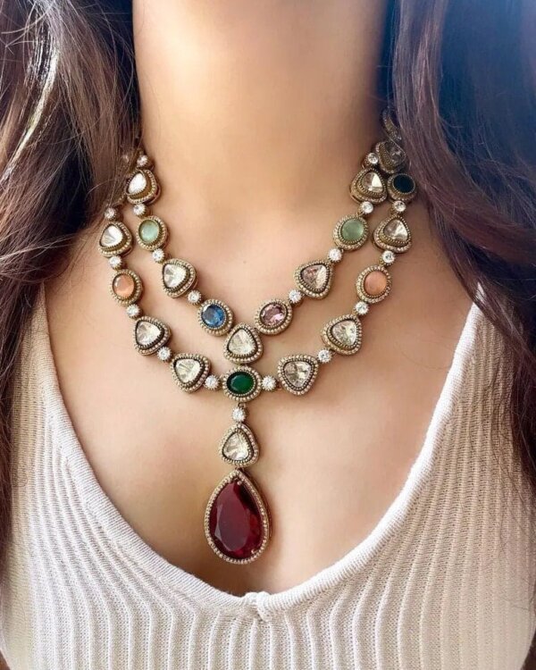 Double layer moissanite polki necklace set