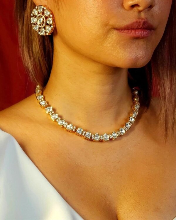 Prettiest Sleek Moissanite Polki Set – Necklace & Earrings