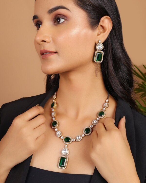Mirah Emerald Layered Necklace Set – gold-plated bridal jewelry with emerald and Polki stones