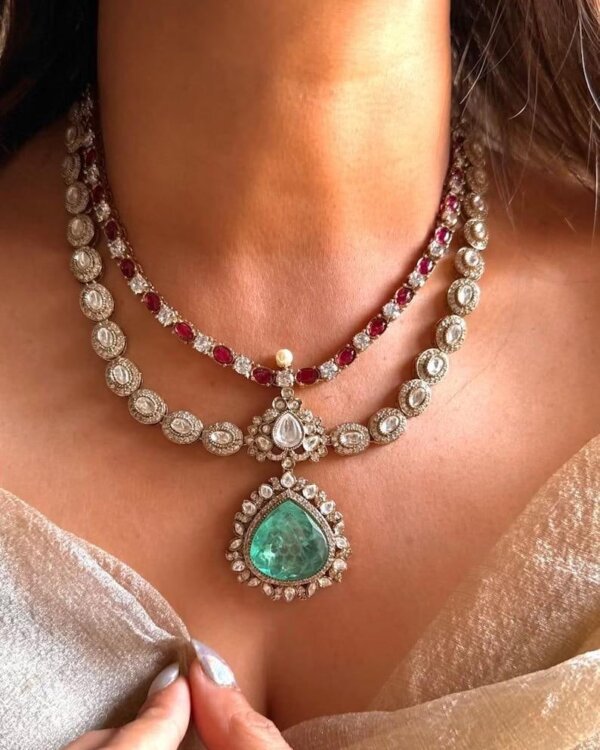 Mahira Royal Dual Layer Necklace Set for Wedding – Polki Bridal Jewelry