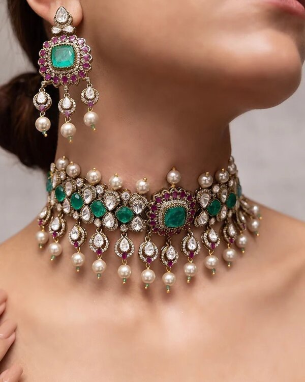 Model wearing Ruhaniyat Bollywood pearl choker set